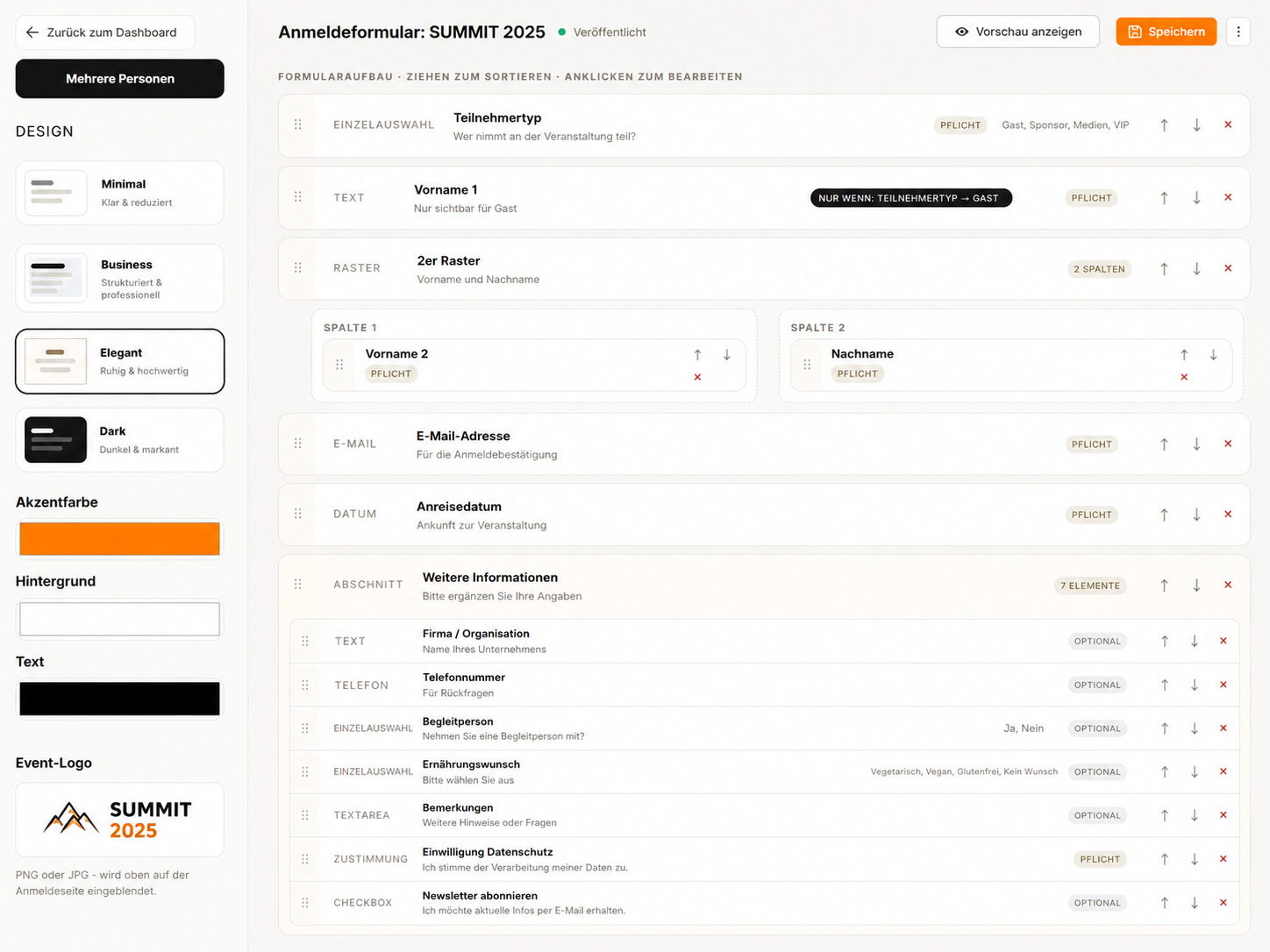 Formular-Editor der 2impress Registrierungssoftware